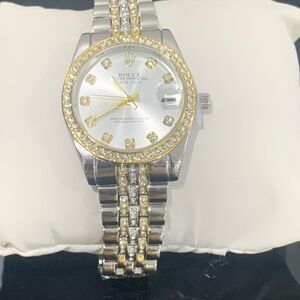 Silver and Gold Zircon Crystal Unisex Watch